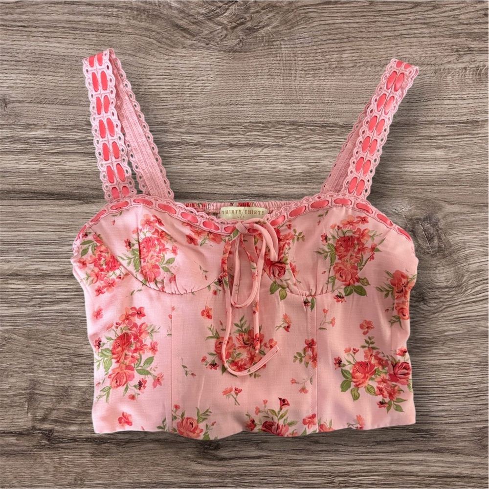 Pink Floral Lace Trim Crop Loungewear Top